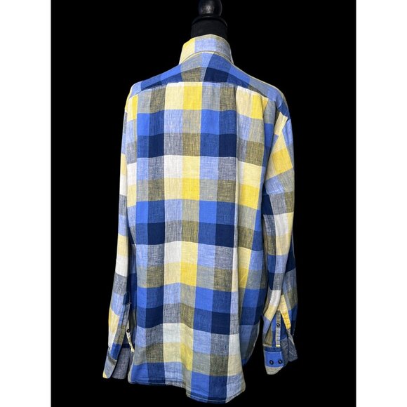 Inserch 100% Linen Plaid Shirt Blue Yellow Long Sleeve Button UP MEN XL - Picture 2 of 8